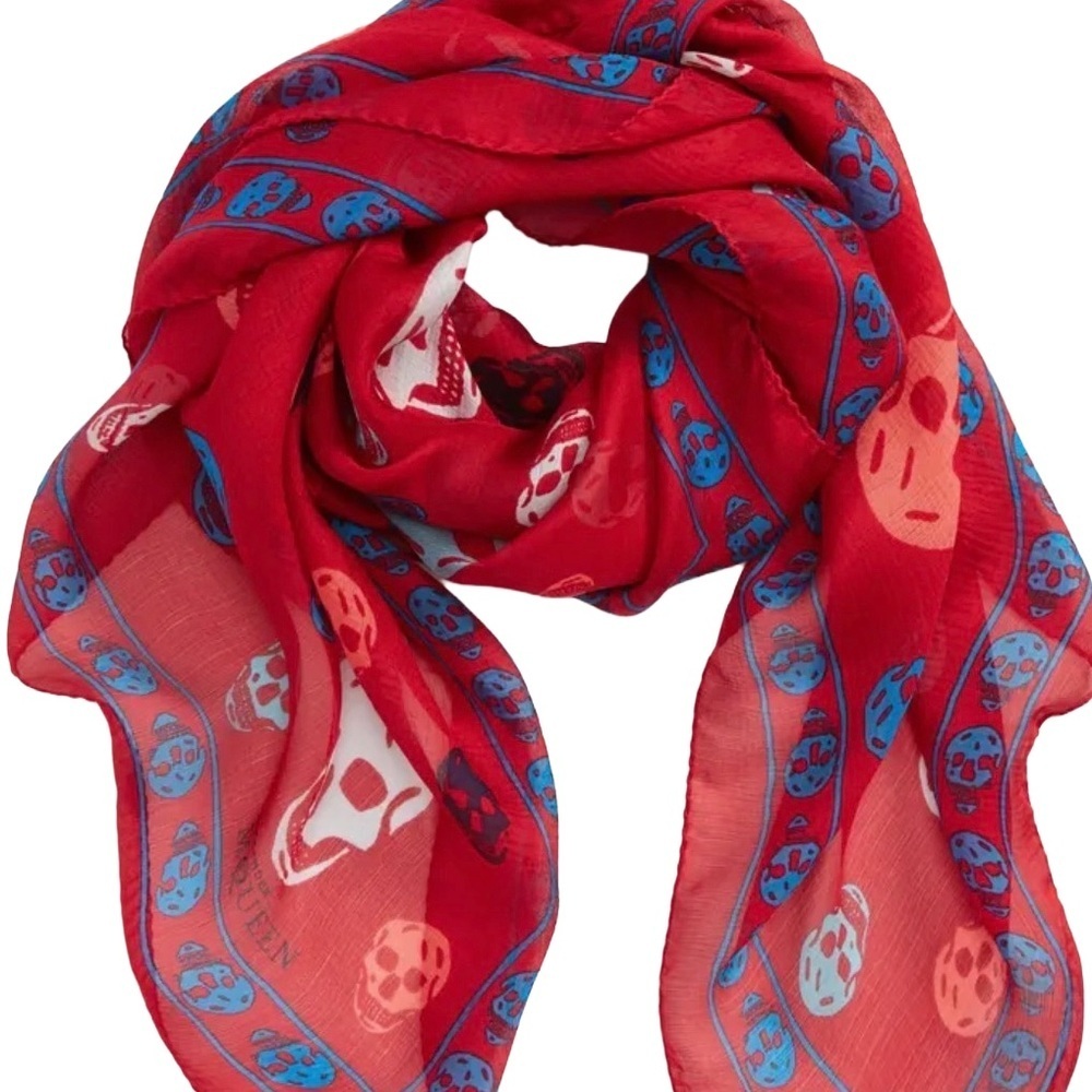 Alexander Mqueen Skull Print Silk Scarf Multi Color Rolled Edge Corner Logo  NWT